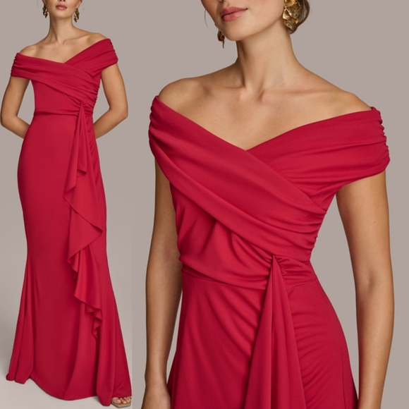 Donna Karen Elegant Red Off-Shoulder Evening Gown - Picture 1 of 9